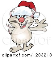 Clipart Of A Friendly Waving Mouse Wearing A Christmas Santa Hat Royalty Free Vector Illustration