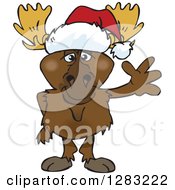 Poster, Art Print Of Friendly Waving Moose Wearing A Christmas Santa Hat