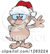Clipart Of A Friendly Waving Mole Wearing A Christmas Santa Hat Royalty Free Vector Illustration