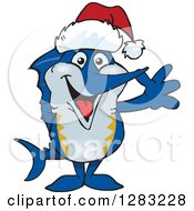 Poster, Art Print Of Friendly Waving Marlin Fish Wearing A Christmas Santa Hat