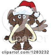 Clipart Of A Friendly Waving Mammoth Wearing A Christmas Santa Hat Royalty Free Vector Illustration