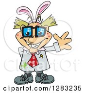 Clipart Of A Friendly Waving Pimpled Blond White Male Mad Scientist Wearing Easter Bunny Ears Royalty Free Vector Illustration