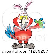 Poster, Art Print Of Friendly Waving Scarlet Macaw Bird Wearing Easter Bunny Ears