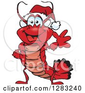 Poster, Art Print Of Friendly Waving Lobster Wearing A Christmas Santa Hat