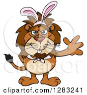 Poster, Art Print Of Friendly Waving Male Lion Wearing Easter Bunny Ears