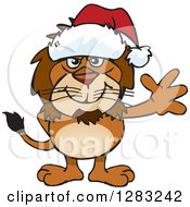 Poster, Art Print Of Friendly Waving Male Lion Wearing A Christmas Santa Hat