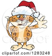 Poster, Art Print Of Friendly Waving Leopard Wearing A Christmas Santa Hat
