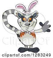 Poster, Art Print Of Friendly Waving Lemur Wearing Easter Bunny Ears