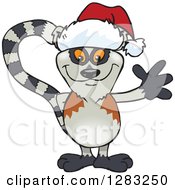 Clipart Of A Friendly Waving Lemur Wearing A Christmas Santa Hat Royalty Free Vector Illustration