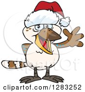 Poster, Art Print Of Friendly Waving Kookaburra Bird Wearing A Christmas Santa Hat