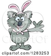 Clipart Of A Friendly Waving Koala Wearing Easter Bunny Ears Royalty Free Vector Illustration