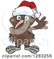 Clipart Of A Friendly Waving Kiwi Bird Wearing A Christmas Santa Hat Royalty Free Vector Illustration