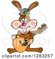 Poster, Art Print Of Happy Brown Easter Bunny Rabbit Playing An Acoustic Guitar