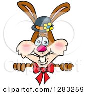 Poster, Art Print Of Happy Brown Easter Bunny Rabbit Wearing A Hat And Bow Over A Sign