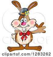 Poster, Art Print Of Friendly Waving Brown Easter Bunny Rabbit Wearing A Hat And Bow
