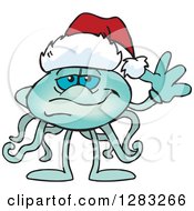Clipart Of A Friendly Waving Jellyfish Wearing A Christmas Santa Hat Royalty Free Vector Illustration