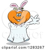 Poster, Art Print Of Friendly Waving Jackolantern Ghost Wearing Easter Bunny Ears