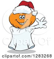Clipart Of A Friendly Waving Jackolantern Ghost Wearing A Christmas Santa Hat Royalty Free Vector Illustration