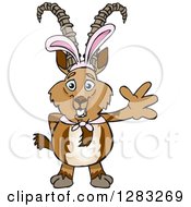 Clipart Of A Friendly Waving Ibex Goat Wearing Easter Bunny Ears Royalty Free Vector Illustration