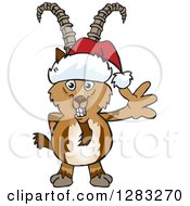 Poster, Art Print Of Friendly Waving Ibex Goat Wearing A Christmas Santa Hat