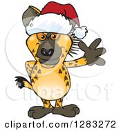 Poster, Art Print Of Friendly Waving Hyena Wearing A Christmas Santa Hat