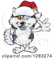Poster, Art Print Of Friendly Waving Husky Dog Wearing A Christmas Santa Hat