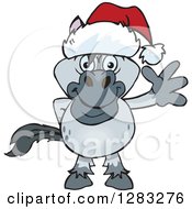 Poster, Art Print Of Friendly Waving Gray Horse Wearing A Christmas Santa Hat