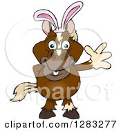 Poster, Art Print Of Friendly Waving Brown Horse Wearing Easter Bunny Ears