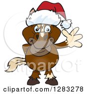 Poster, Art Print Of Friendly Waving Brown Horse Wearing A Christmas Santa Hat