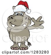 Poster, Art Print Of Friendly Waving Hippo Wearing A Christmas Santa Hat