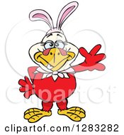 Clipart Of A Friendly Waving Chicken Hen Wearing Easter Bunny Ears Royalty Free Vector Illustration