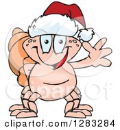 Clipart Of A Friendly Waving Hermit Crab Wearing A Christmas Santa Hat Royalty Free Vector Illustration
