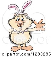 Clipart Of A Friendly Waving Hedgehog Wearing Easter Bunny Ears Royalty Free Vector Illustration