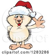 Clipart Of A Friendly Waving Hedgehog Wearing A Christmas Santa Hat Royalty Free Vector Illustration