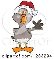 Poster, Art Print Of Friendly Waving Goose Wearing A Christmas Santa Hat