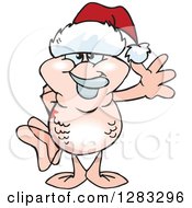 Clipart Of A Friendly Waving Pink Goldfish Wearing A Christmas Santa Hat Royalty Free Vector Illustration