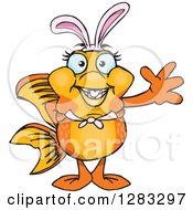 Poster, Art Print Of Friendly Waving Fancy Goldfish Wearing Easter Bunny Ears