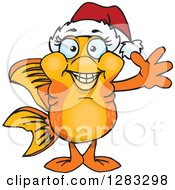 Friendly Waving Fancy Goldfish Wearing A Christmas Santa Hat