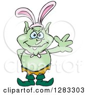 Clipart Of A Friendly Waving Goblin Wearing Easter Bunny Ears Royalty Free Vector Illustration
