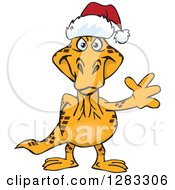 Poster, Art Print Of Friendly Waving Goanna Lizard Wearing A Christmas Santa Hat