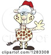 Clipart Of A Friendly Waving Giraffe Wearing A Christmas Santa Hat Royalty Free Vector Illustration