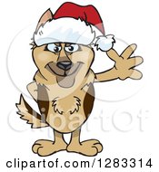 Friendly Waving German Shepherd Dog Wearing A Christmas Santa Hat