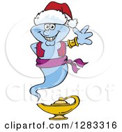 Clipart Of A Friendly Waving Genie Wearing A Christmas Santa Hat Royalty Free Vector Illustration by Dennis Holmes Designs