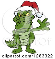 Poster, Art Print Of Friendly Waving Alligator Wearing A Christmas Santa Hat