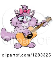 Clipart Of A Happy Purple Cat Playing An Acoustic Guitar Royalty Free Vector Illustration