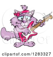 Clipart Of A Happy Purple Cat Playing An Electric Guitar Royalty Free Vector Illustration
