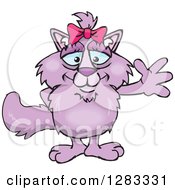 Clipart Of A Friendly Waving Purple Cat Royalty Free Vector Illustration