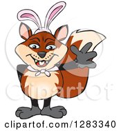 Clipart Of A Friendly Waving Fox Wearing Easter Bunny Ears Royalty Free Vector Illustration