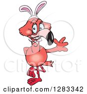 Clipart Of A Friendly Waving Pink Flamingo Bird Wearing Easter Bunny Ears Royalty Free Vector Illustration