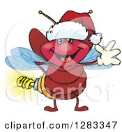 Poster, Art Print Of Friendly Waving Firefly Lightning Bug With A Light Bulb Butt Wearing A Christmas Santa Hat